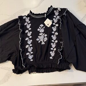 Free People Black Floral Embroidered Blouse brand new with tags